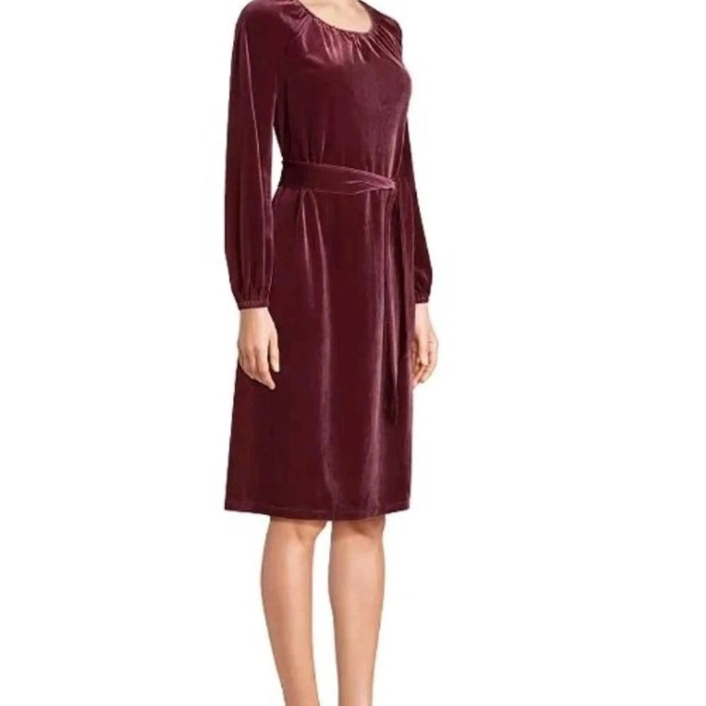 Lands' End Wine Velvet Long-Sleeve Belted Dress